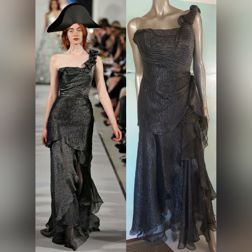 $6,000 OSCAR DE LA RENTA PICASSO SILK DARK SILVER WAVE DRESS GOWN US 12